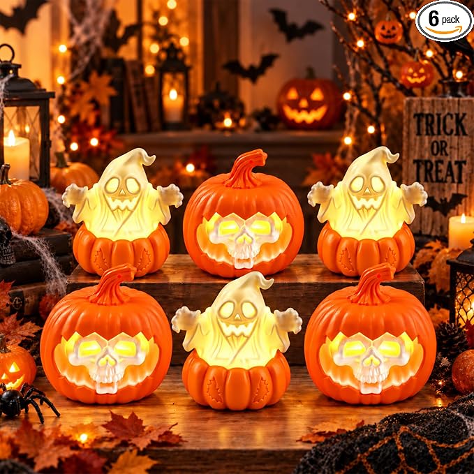 6 Pack Halloween LED Flameless Candles with Ghost Pumpkin Skull Design