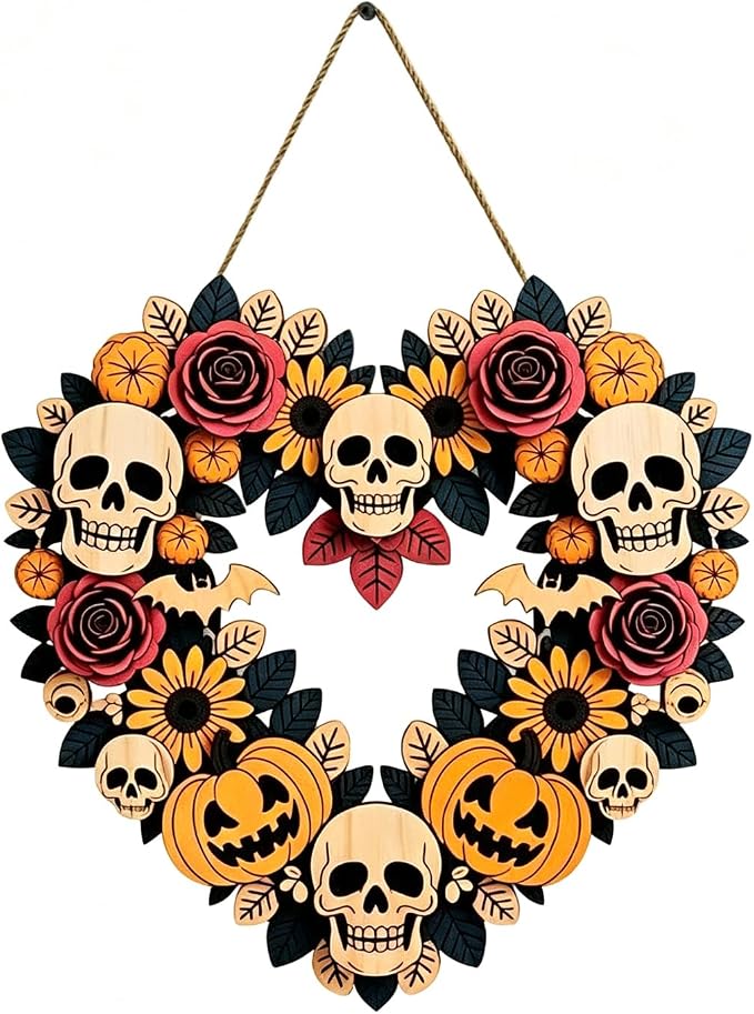 Halloween Heart Wooden Wreath, Skull Ghost Pumpkin Rose Bat Door Wall Hanging Decor 8in –
