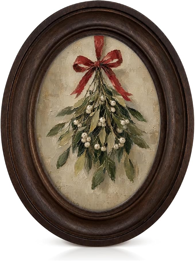 Vintage Mistletoe Christmas Oval Wall Art Framed Rustic Holiday Decor - skull wall art