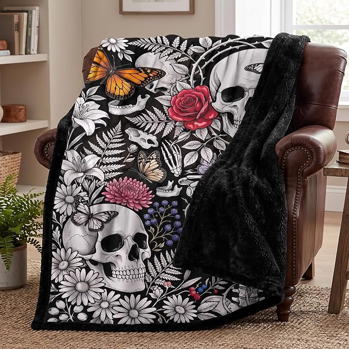 DIY Gothic Skull Flral Coloring Blanket for Adults Kids Cozy Doodle Blanket - skull blanket