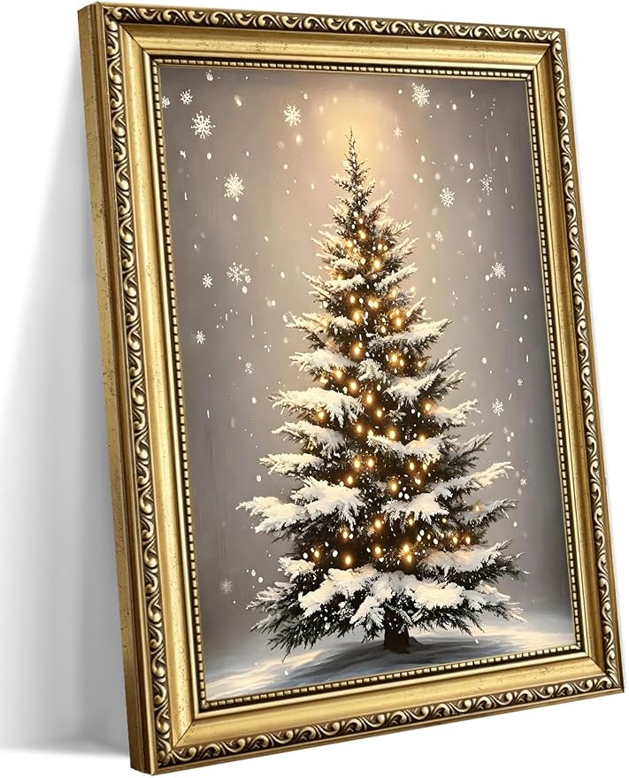 Vintage Gold Framed Christmas Wall Art, Snowy Christmas Tree Wall Decor - skull wall art
