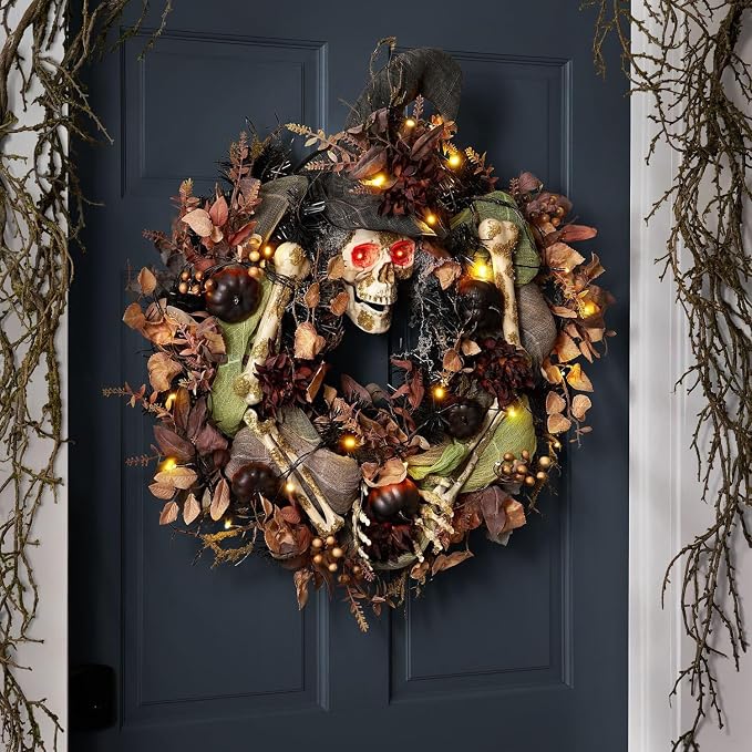 Halloween Decorations ANGELVIP 26″ Pre-Lit Skeleton Wreath