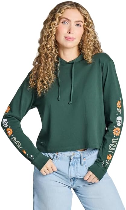 Life is Good. Women's Skull & Snake Flowers Crusher Boxy Hoodie, Treeline Green - skull sweatshirts