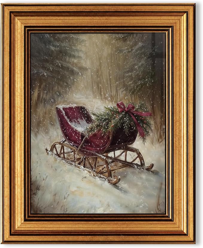 Tlembre Vintage Christmas Sleigh Wall Art,Gold Framed Wall Art - skull wall art