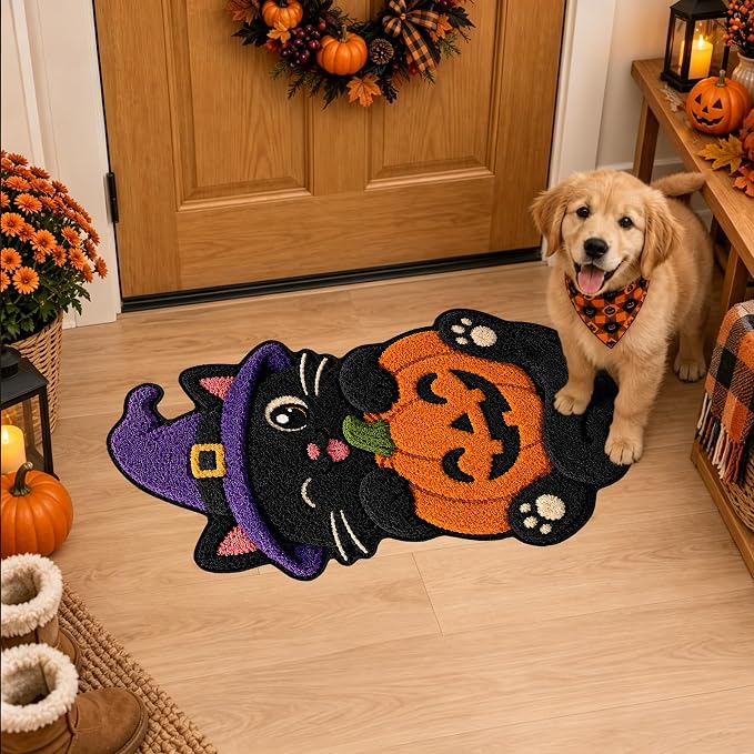 Black Cat Rug Cat Shaped Area Rugs Halloween Pumpkin Mat - skull floor mat