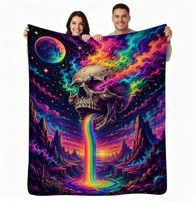 Cosmic Skull Blanket, Rainbow Skull Moon Stars Canyon Design 50×60 - skull blanket
