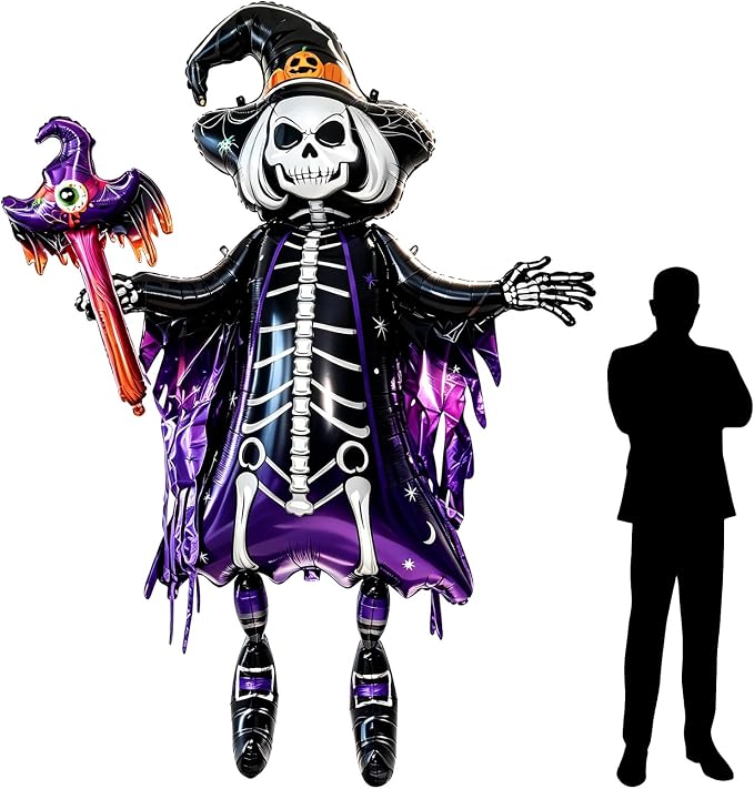Giant Inflatable Witch Skeleton Skull Foil Balloon Halloween Decorations, Large Realistic Yard Party Decorations, Assembly Scary Witch Prop for Halloween Outdoor Indoor Haunted House, Lawn