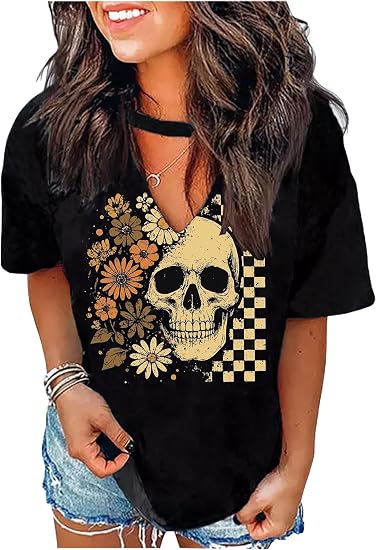 Hollow Out T Shirts for Women Nashville Western Graphic Shirts Country Cowgirls Shirts Casual Short Sleeve V Neck Tops - skull jacket