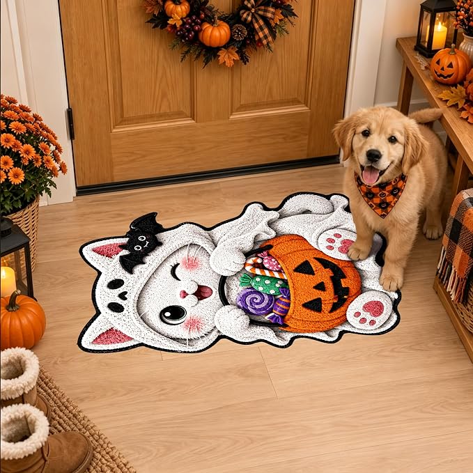 Halloween Cat Rug, Cute Pumpkin Cat Shaped Bath Mat, Non-Slip Machine Washable Bathroom Mat for Bedroom, Indoor Entrance