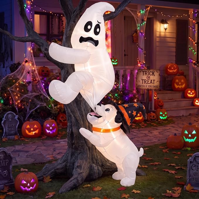 RattanView 7FT Halloween Inflatable Ghost and Dog Outdoor Decoration - skull inflatable
