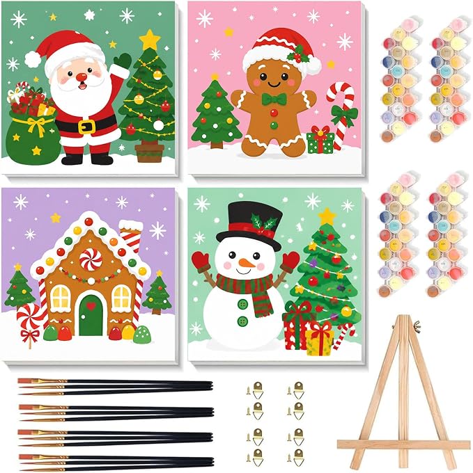 4 Pack Christmas Paint by Numbers Kit for Kids with Frame, Easy 8x8in - skull painting