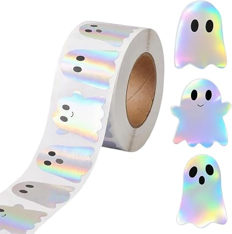 500Pcs Halloween Ghost Stickers Rolls,Holographic Cute Ghost Labels Decals - skull sticker