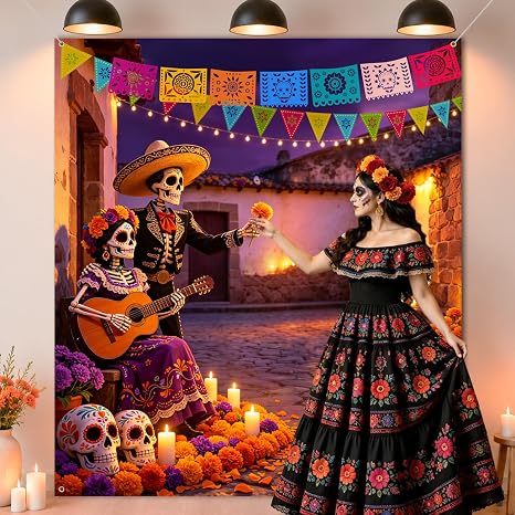 Dia De Los Muertos Decorations, 6 x 6.6 Ft Day of the Dead Backdrop - skull carpet