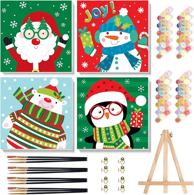 4 Pack Christmas Paint by Numbers Kit for Kids with Frame, Easy 8x8in - skull painting