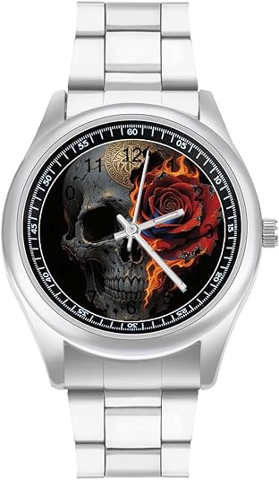Minimalist Gothic Skull Rose Wrist Watch with Stainless Steel Band - skull watch