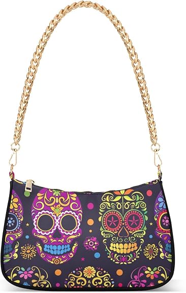 ALAZA Women's Hand Bags Colorful Sugar Skull Seamless on Black Shoulder Bag - sugar skull handbags for sale