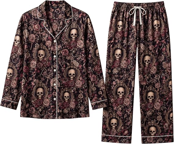 ThuhaTree Store Gothic Skull Rose Pajamas Dark Victorian Sleepwear - skull pajamas