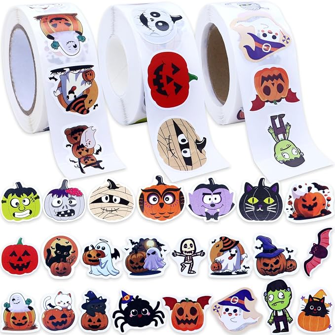 1500Pcs Halloween Stickers, 3Rolls Pumpkin Ghost Roll of Stickers - skull sticker