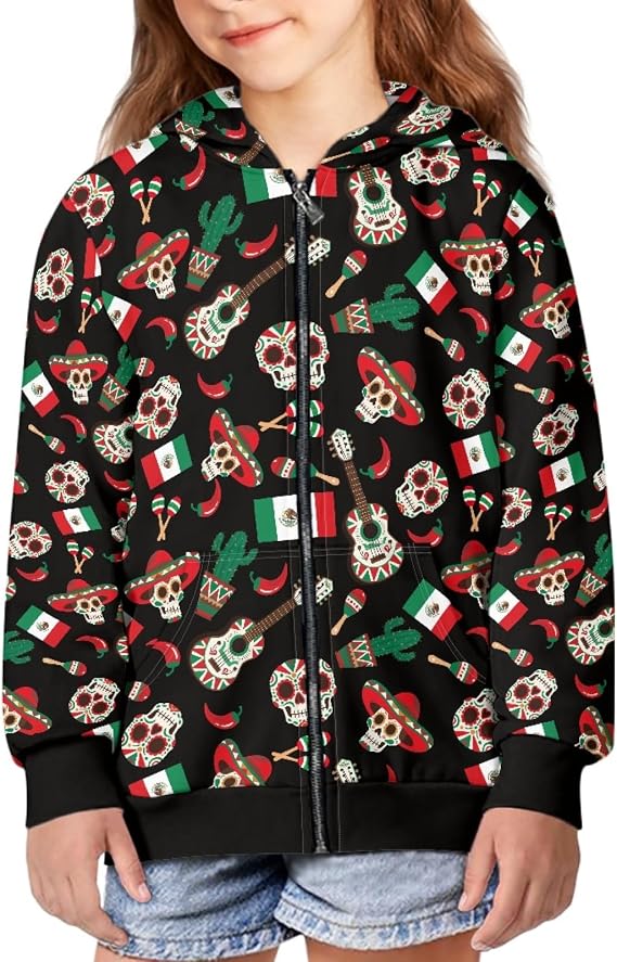 Girls Boys Zip Up Hoodies Kangaroo Pocket Hooded Sweatshirt - skull sweatshirts
