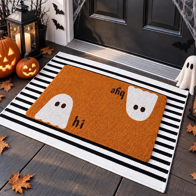 Halloween Door Mat 2 Piece Set,Layered Ghost Welcome Mat for Front Door Porch Rug - skull carpet