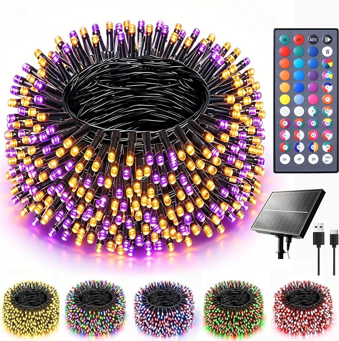 Lovelite Solar Colors Changing Christmas Lights Outdoor, 150LED 50FT RGB Halloween String Lights Green Wire, Solar & USB Powered Fairy Lights Waterproof for Xmas Tree Garden Holiday Party Decor - string light