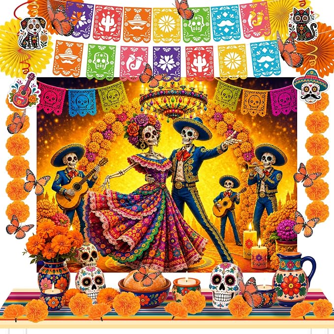 57PCS Dia De Los Muertos/ Day of the Dead Decorations Set for Ofrenda Altar - skull carpet