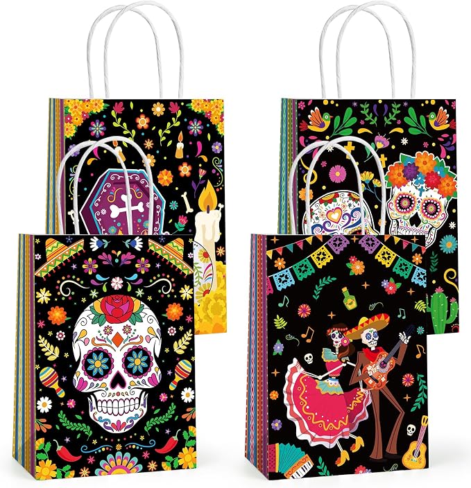 12 Pcs Day of the Dead Gift Bags with Handles for Mexican Party Supplies - skull candle
