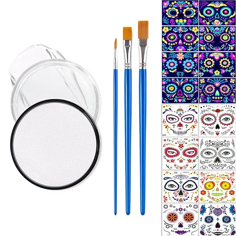Halloween Makeup Kit, Día de los Muertos Catrina Red Rose Sugar Skull Set, 8 UV Temporary Face Tattoos & 8 Skeleton Stickers, White Face Body Paint for Day of the Dead Mexican Holiday Cosplay - skull painting