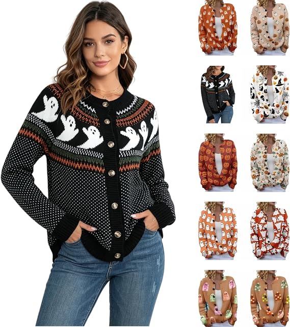 Halloween Sweaters for Women Casual Pullover Knitted Cardigan Ghost Graphic Fall Crew Neck Tops - skull jacket