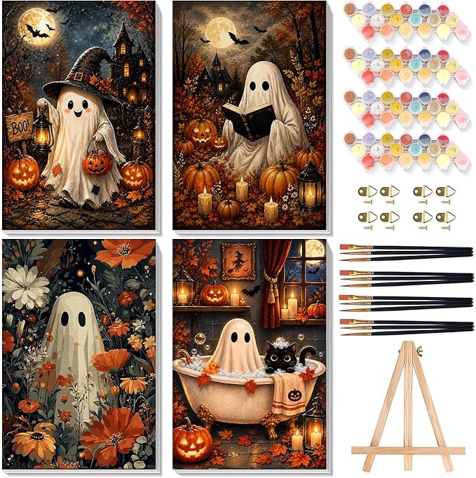 4 Pcs Halloween Paint by Numbers Kit for Adults with Frame (Ghost, 8x12 In) - skull painting