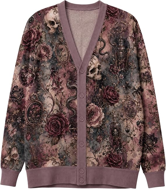 ThuhaTree Store Dark Rose Skull Cardigan Gothic Botanical Sweater - skull jacket