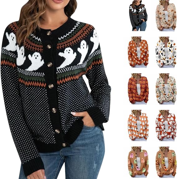 Halloween Sweaters,Halloween Sweater Women Pumpkin Ghost Cardigan Plus Size Fall Clothes 01 Black Small - skull jacket