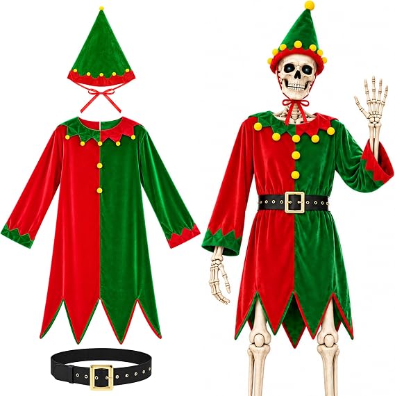12 Ft Skeleton Christmas Elf Costume Set, Skeleton Outfits Elf Dress Hat - skeleton