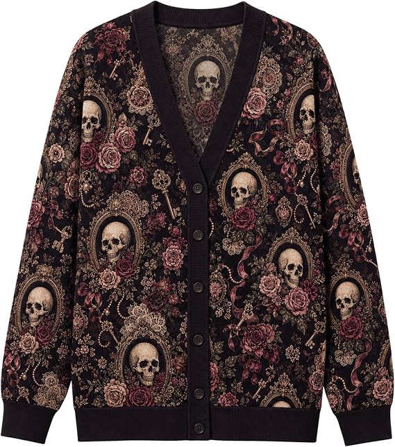 ThuhaTree Store Gothic Skull Rose Cardigan Dark Floral Vintage Sweater - skull jacket