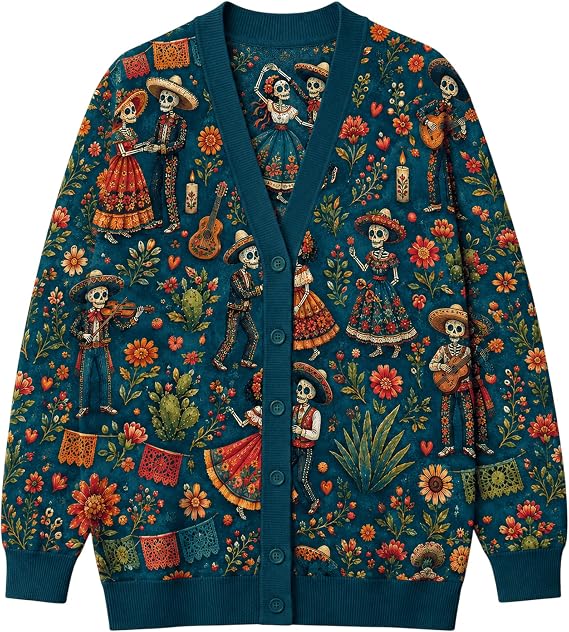 ThuhaTree Store Skeleton Fiesta Cardigan Floral Day of the Dead Sweater - skull jacket