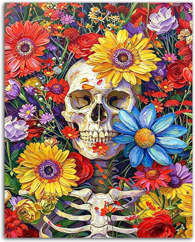 Skull Paint by Numbers Kit for Adults, Flower DIY Painting Kits for Adults - skull painting