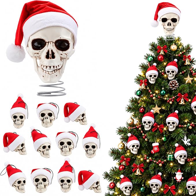 5.9" Christmas Skull Tree Topper with Santa Hat & 12Pcs Hanging Mini Skulls - skull wreath