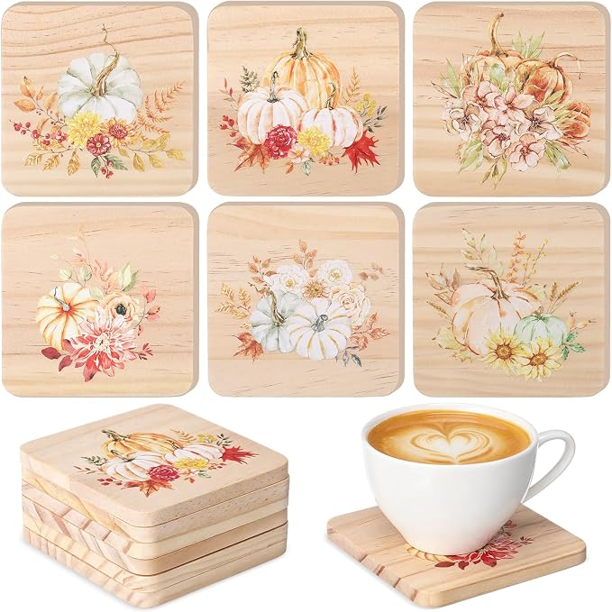 24 Pcs Pumpkin Wooden Coasters, 4 Inch Pine Drink Mats for Fall - skull coaster