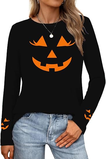 Halloween Shirts for Women Halloween Ghost Graphic Long Sleeve T Shirt - skull tshirt