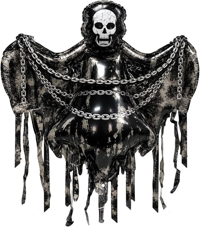 Halloween Skull Ghost Foil Balloons 60in Grim Reaper Skeleton Balloons with Chains Tassels Spooky Skull Wing Balloon for Halloween Party Decorations Haunted House Horror Themed Party Supplies - skull inflatable