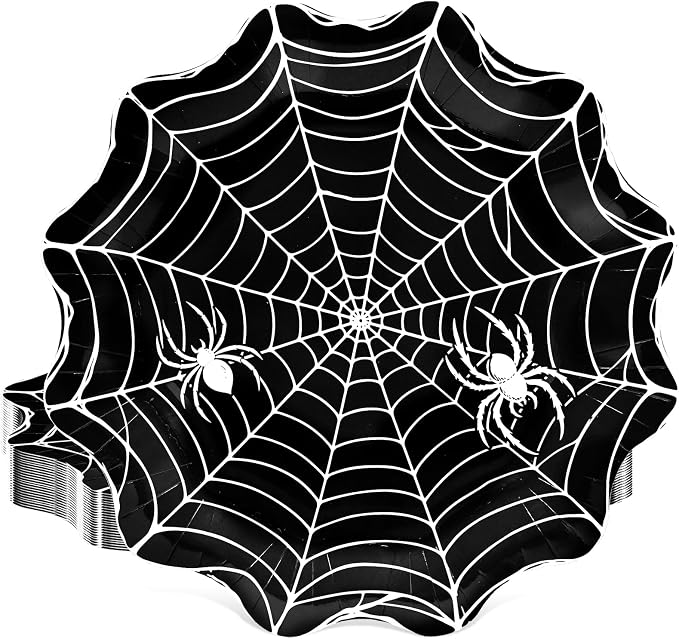 24 Pieces Halloween Spider Web Paper Plates –10 Inch Black and White Spider Web Shaped Disposable Plates with Spider Design for Halloween Party, Haunted House and Spooky Dinner - skull plate