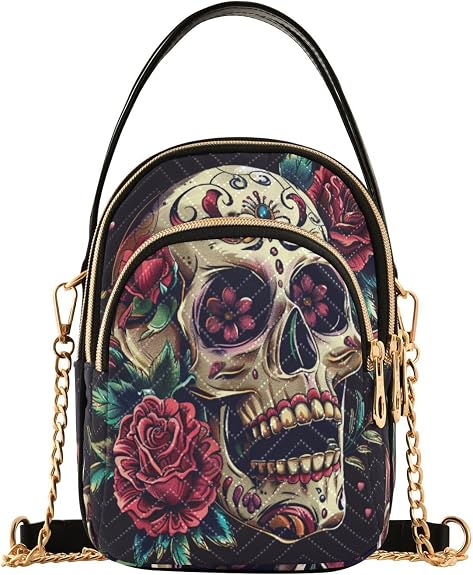ALAZA Crossbody Bags for women Sugar Skull and Roses Travel Purses