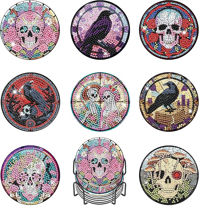 Kalonyth 8 Pcs Skull Diamond Art Coasters Kit for Adults with Holder, 4x4in - skull painting