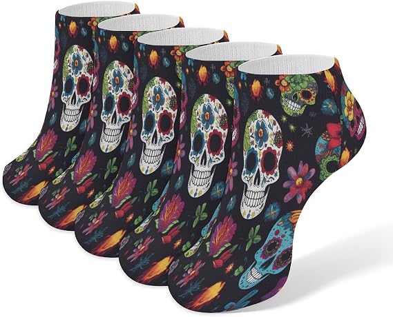 Flower Cactus Sugar Skull Ankle Socks for Men Women 5 Pairs - sugar skull costume