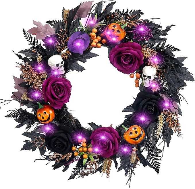 24 Inch Halloween Wreaths for Front Door,Ghost Wreath with Purple Lights and Timer, Black and Purple Roses, Pumpkins, Skulls and Spiderwebs - skull wreath