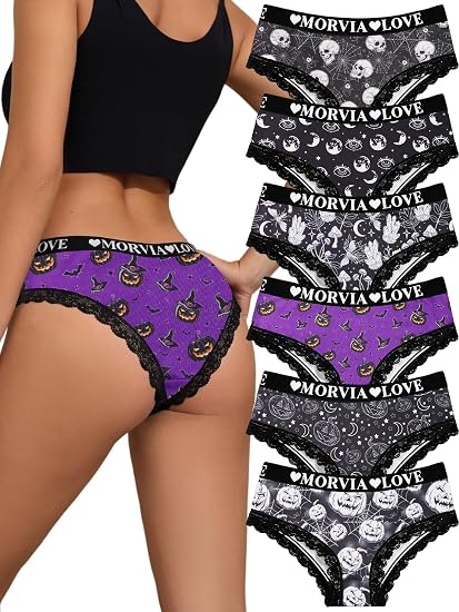 Morvia 6 Pack Women's Gothic Skull Hipster Panties Lace Trim Briefs - skull swimsuit