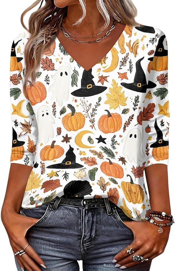 Halloween Shirts Women 3/4 Sleeve V Neck Tunic Tops Cute Ghost Skull Tees - skull leggings