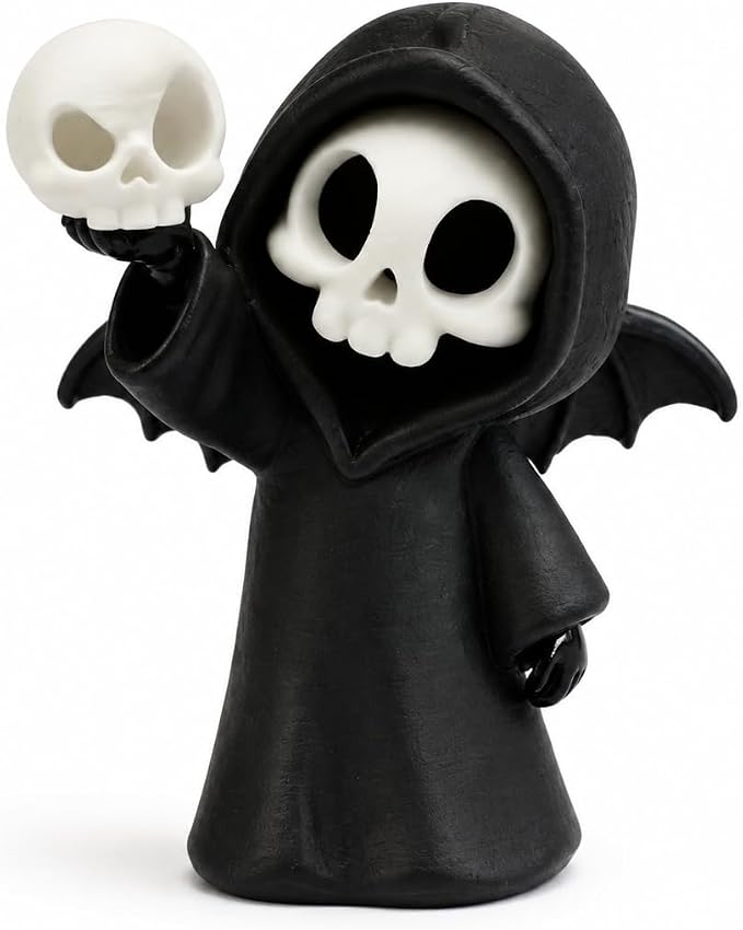 Halloween Miniature Skeleton Figurine Cute Grim Reaper Skeleton Holding Skull with Black Hooded Gothic Desktop Decoration Spooky Collectible Ornament for Home Office Party Cake Display Gift - skull figurine
