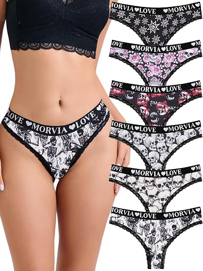 Morvia 6 Pack Women's Wide Waistband Gothic Skull Print Thong Panties - skull swimsuit