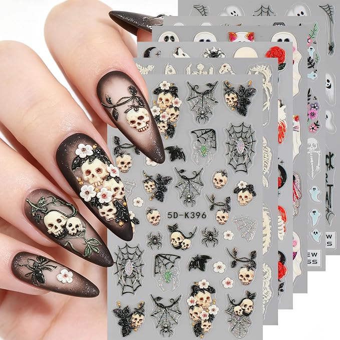 5D Embossed Halloween Nail Stickers 6PCS Self‑Adhesive Spooky Nail Decals - skull sticker